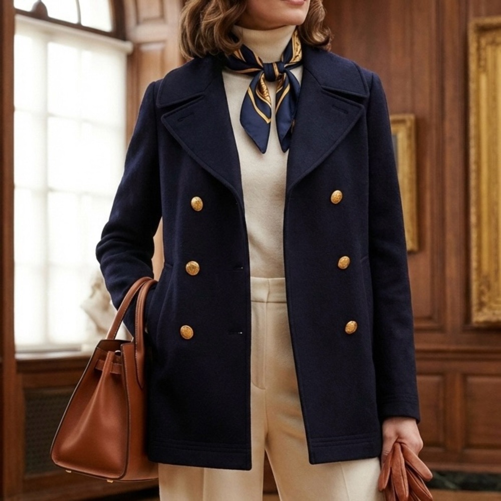 J. Crew Classic Navy Pea Coat with Gold Buttons size 2 woman’s